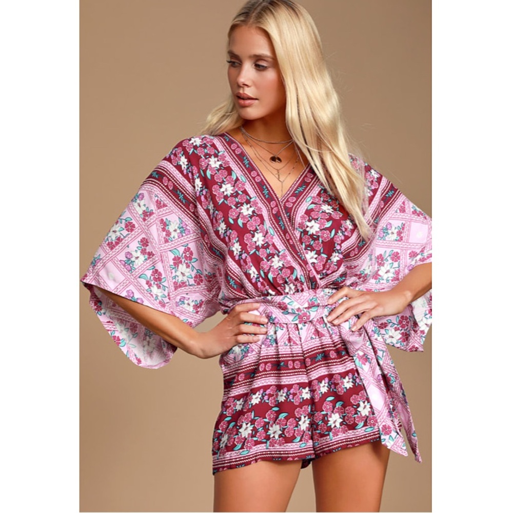 Lulus Dominica Pink Floral Print Surplice Belted Romper